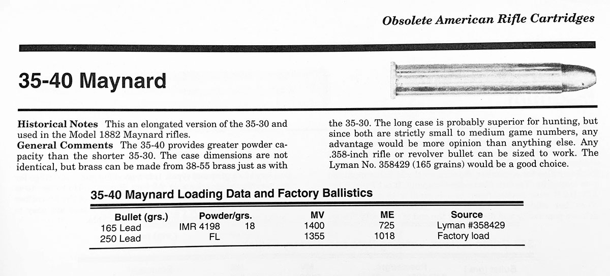 The description of the .35-40 Maynard in Cartridges of The World by Barnes.